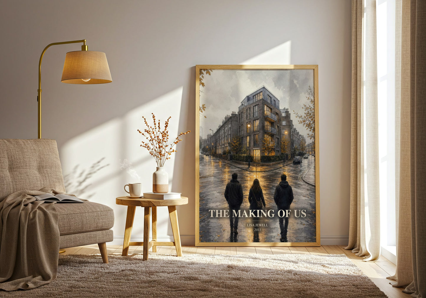 The Making Of Us watercolour print in frame leaning in hallway – contemporary fiction wall art