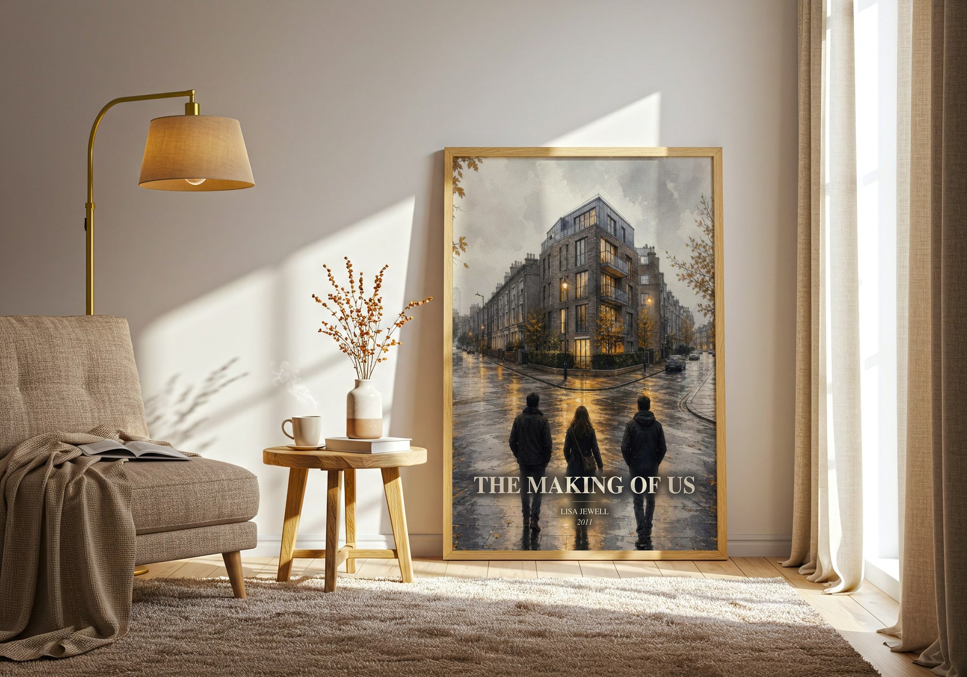 The Making Of Us watercolour print in frame leaning in hallway – contemporary fiction wall art