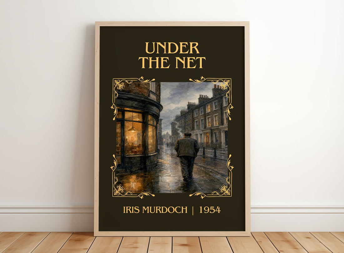 Under the Net Classic Book Art Print by Iris Murdoch – framed print leaning on a wooden floor