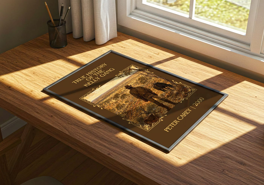 True History of the Kelly Gang Classic Book Art Print by Peter Carey – print on a sunlit desk