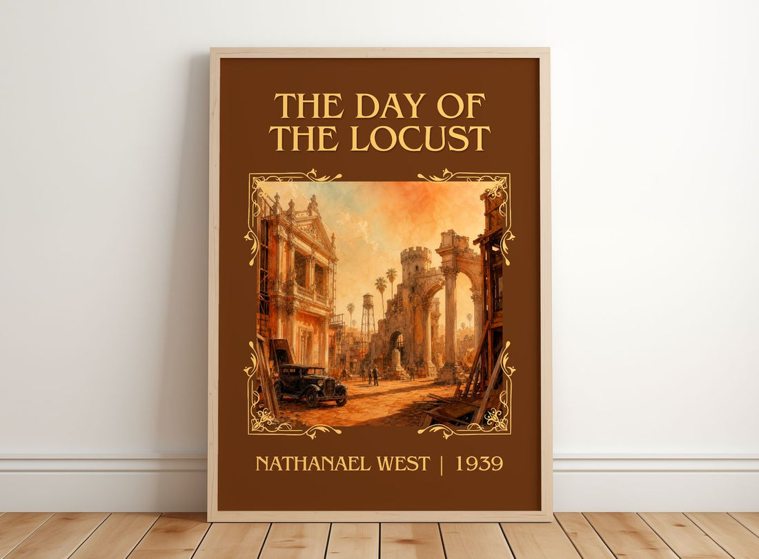The Day of the Locust Classic Book Art Print by Nathanael West – framed print leaning on a wooden floor