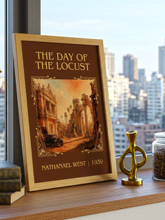 The Day of the Locust Classic Book Art Print by Nathanael West – framed print on a city-view windowsill