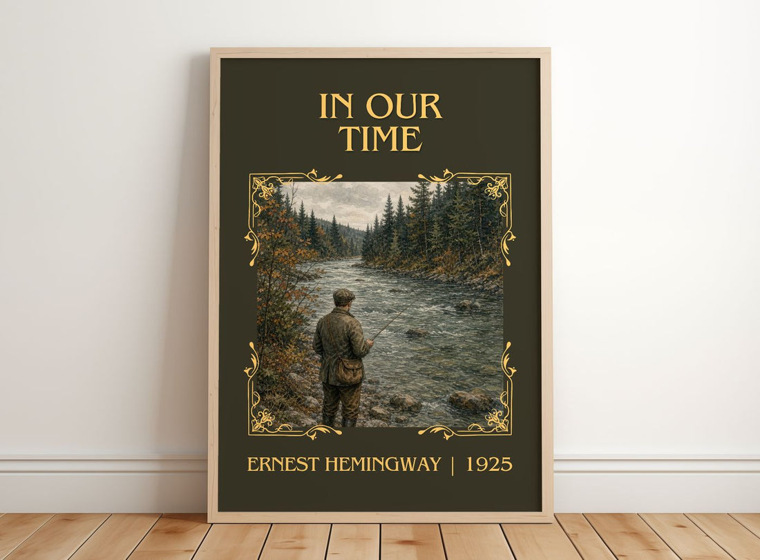 In Our Time Classic Book Art Print by Ernest Hemingway – framed print leaning on a wooden floor