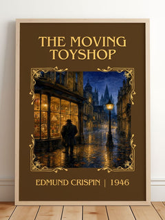 The Moving Toyshop Classic Book Art Print by Edmund Crispin – framed print leaning on a wooden floor