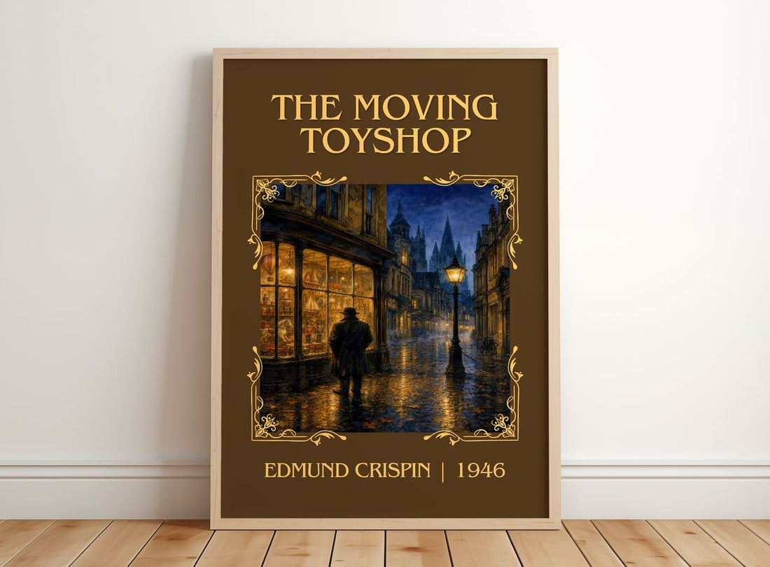 The Moving Toyshop Classic Book Art Print by Edmund Crispin – framed print leaning on a wooden floor