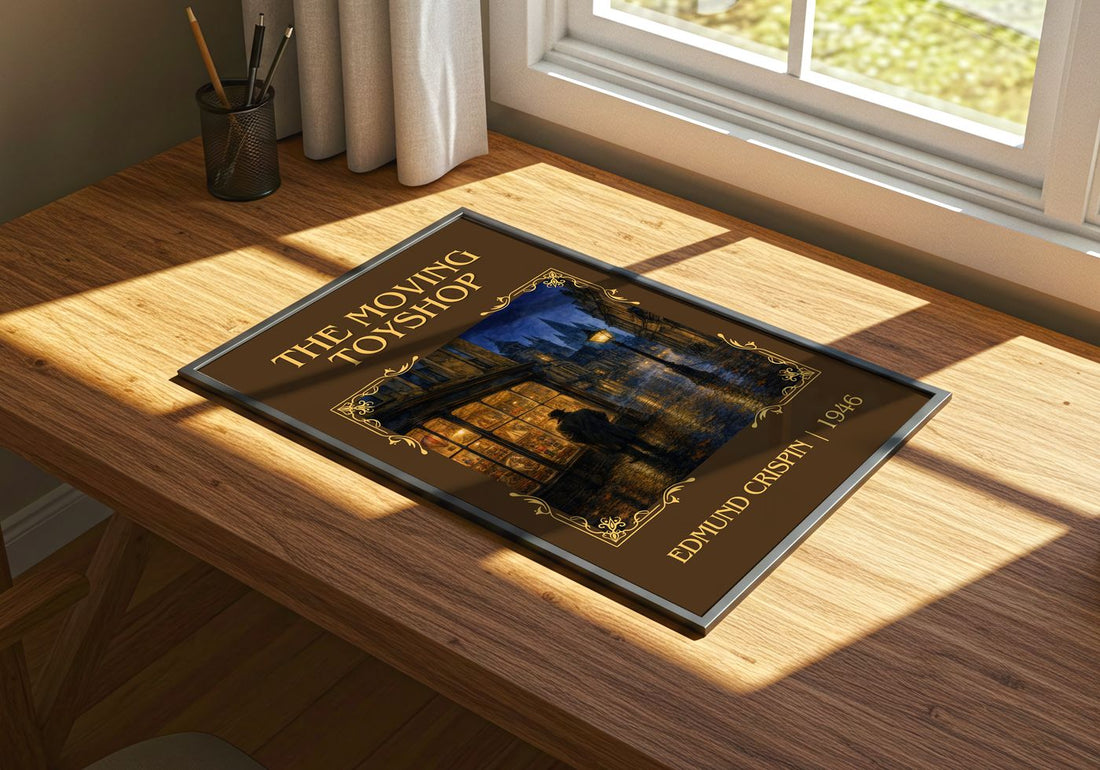 The Moving Toyshop Classic Book Art Print by Edmund Crispin – print on a sunlit desk
