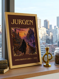 Jurgen Classic Book Art Print by James Branch Cabell – framed print on a city-view windowsill