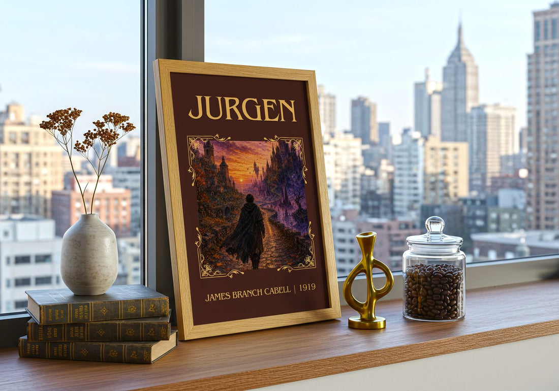 Jurgen Classic Book Art Print by James Branch Cabell – framed print on a city-view windowsill