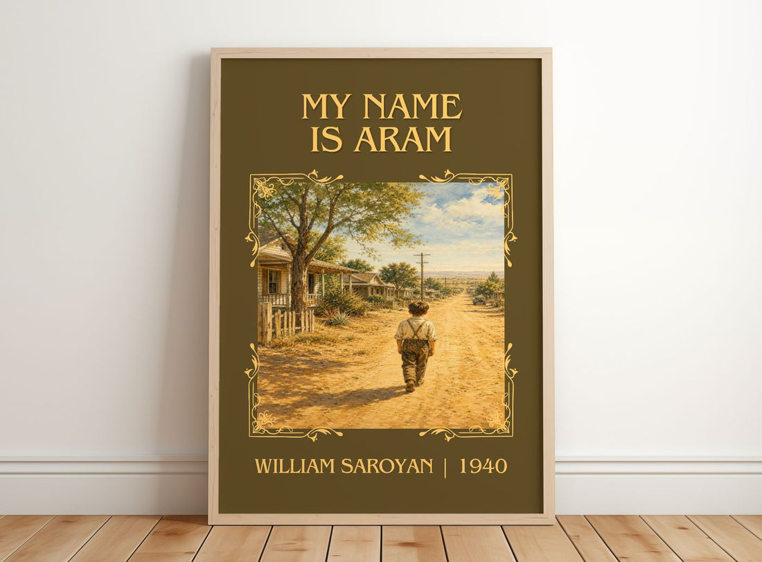 My Name Is Aram Classic Book Art Print by William Saroyan – framed print leaning on a wooden floor
