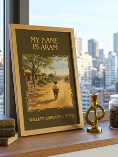 My Name Is Aram Classic Book Art Print by William Saroyan – framed print on a city-view windowsill