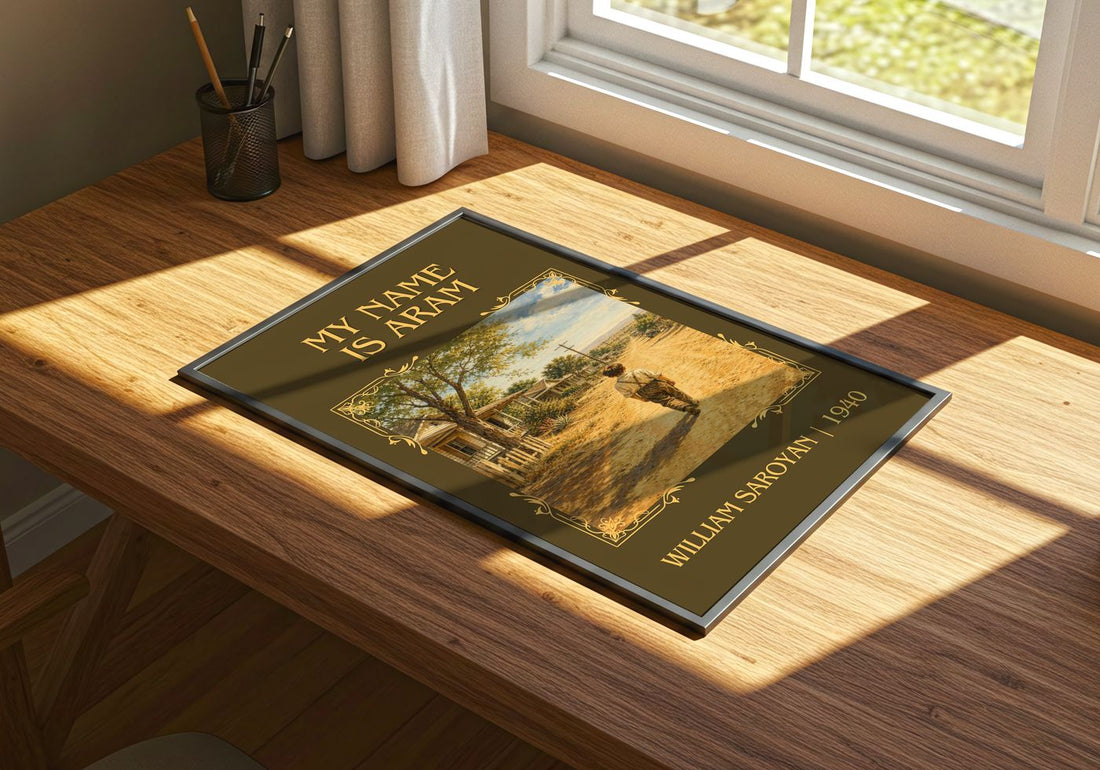 My Name Is Aram Classic Book Art Print by William Saroyan – print on a sunlit desk