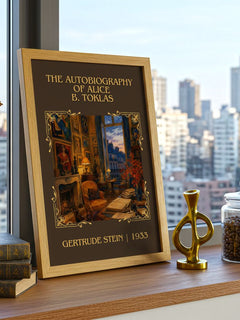 Autobiography of Alice B. Toklas Classic Book Art Print by G. Stein – framed print on a city-view windowsill