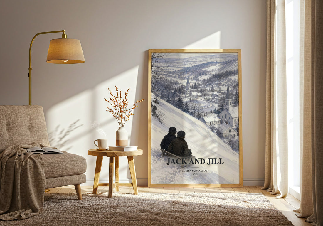 Jack And Jill watercolour print in frame leaning in hallway – childrens wall art (mockup)
