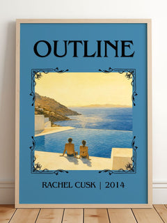 Outline Classic Book Art Print by Rachel Cusk – framed print leaning on a wooden floor