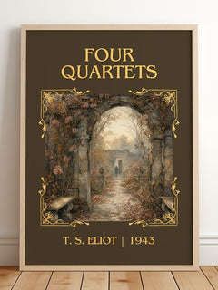 Four Quartets Classic Book Art Print by T. S. Eliot – framed print leaning on a wooden floor