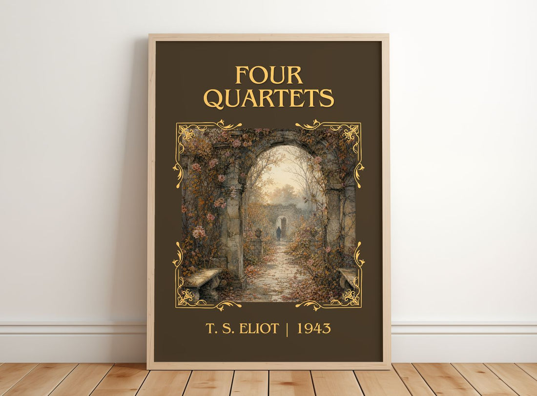 Four Quartets Classic Book Art Print by T. S. Eliot – framed print leaning on a wooden floor