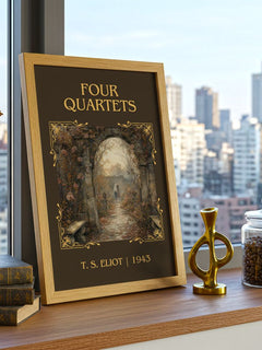 Four Quartets Classic Book Art Print by T. S. Eliot – framed print on a city-view windowsill