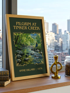 Pilgrim at Tinker Creek Classic Book Art Print by Annie Dillard – framed print on a city-view windowsill