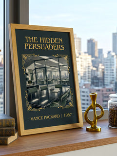 The Hidden Persuaders Classic Book Art Print by Vance Packard – framed print on a city-view windowsill