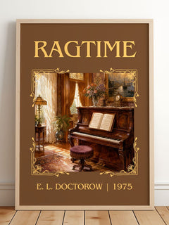 Ragtime Classic Book Art Print by E. L. Doctorow – framed print leaning on a wooden floor