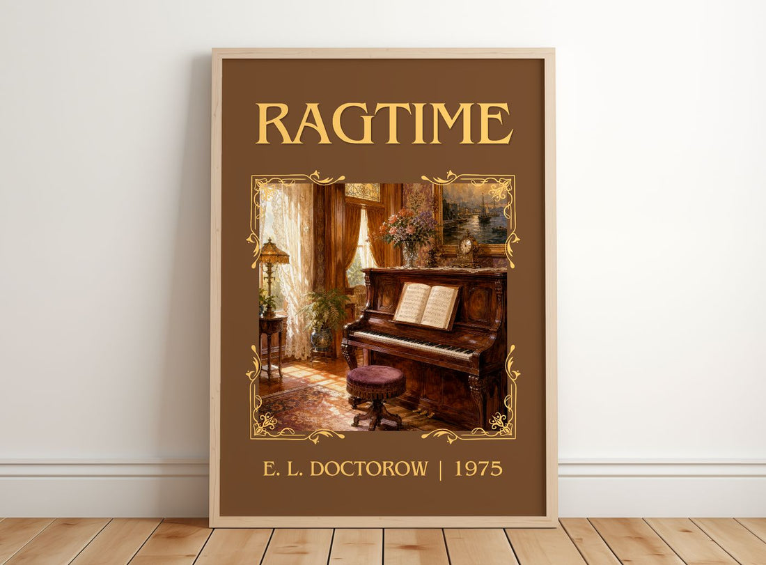 Ragtime Classic Book Art Print by E. L. Doctorow – framed print leaning on a wooden floor