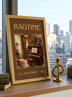 Ragtime Classic Book Art Print by E. L. Doctorow – framed print on a city-view windowsill