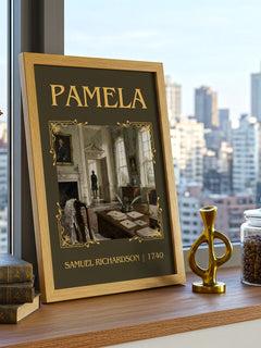 Pamela Classic Book Art Print by Samuel Richardson – framed print on a city-view windowsill