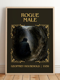 Rogue Male Classic Book Art Print by Geoffrey Household – framed print leaning on a wooden floor