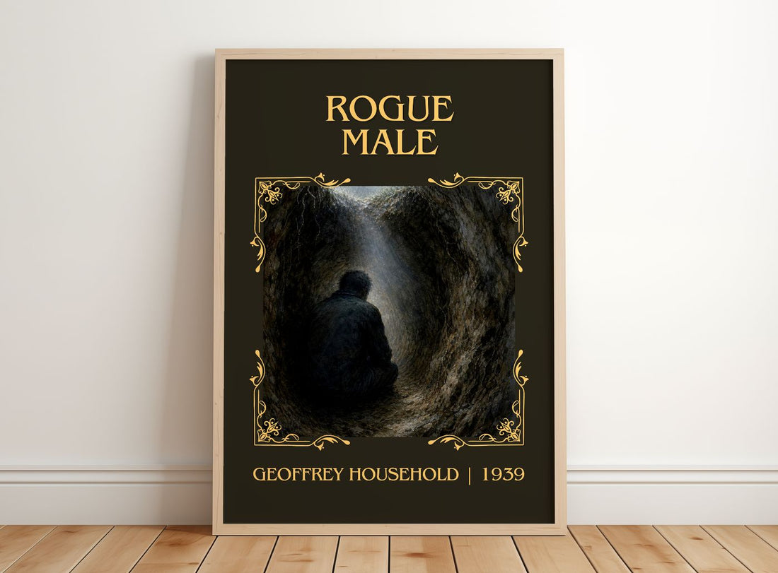Rogue Male Classic Book Art Print by Geoffrey Household – framed print leaning on a wooden floor