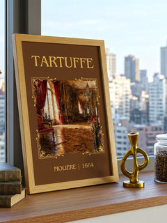 Tartuffe Classic Book Art Print by Molière – framed print on a city-view windowsill