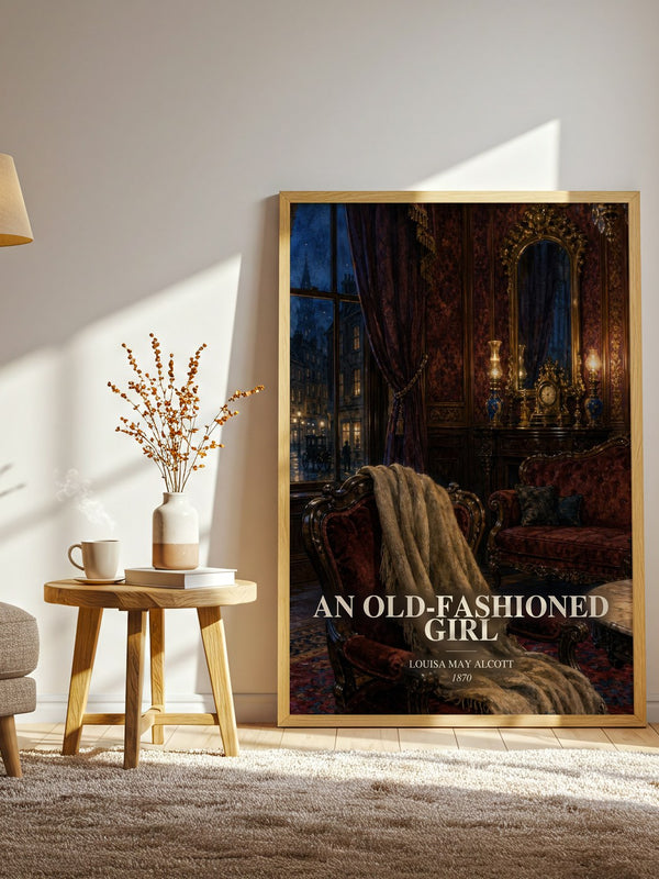 An Old-Fashioned Girl watercolour print in frame leaning in hallway – classic literature wall art