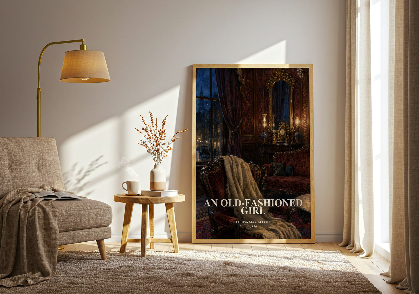 An Old-Fashioned Girl watercolour print in frame leaning in hallway – classic literature wall art