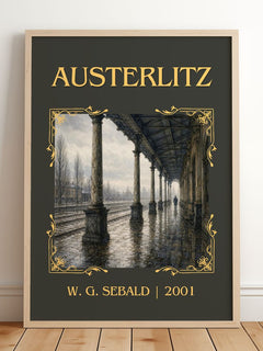 Austerlitz Classic Book Art Print by W. G. Sebald – framed print leaning on a wooden floor