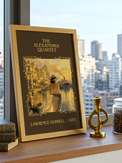 The Alexandria Quartet Classic Book Art Print by Lawrence Durrell – framed print on a city-view windowsill