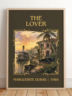The Lover Classic Book Art Print by Marguerite Duras – framed print leaning on a wooden floor