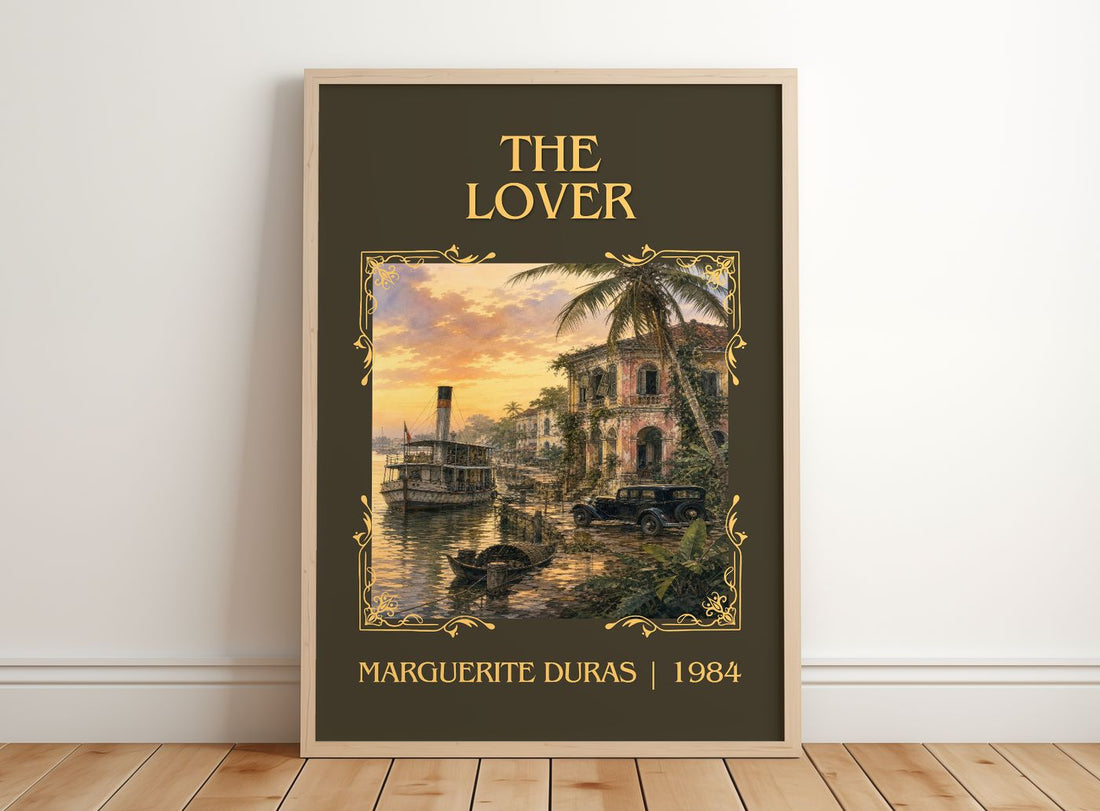 The Lover Classic Book Art Print by Marguerite Duras – framed print leaning on a wooden floor