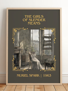 The Girls of Slender Means Classic Book Art Print by Muriel Spark – framed print leaning on a wooden floor