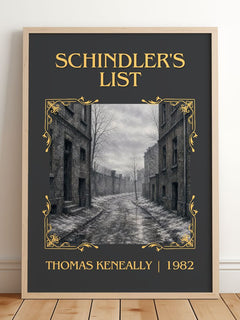 Schindler's List Classic Book Art Print by Thomas Keneally – framed print leaning on a wooden floor