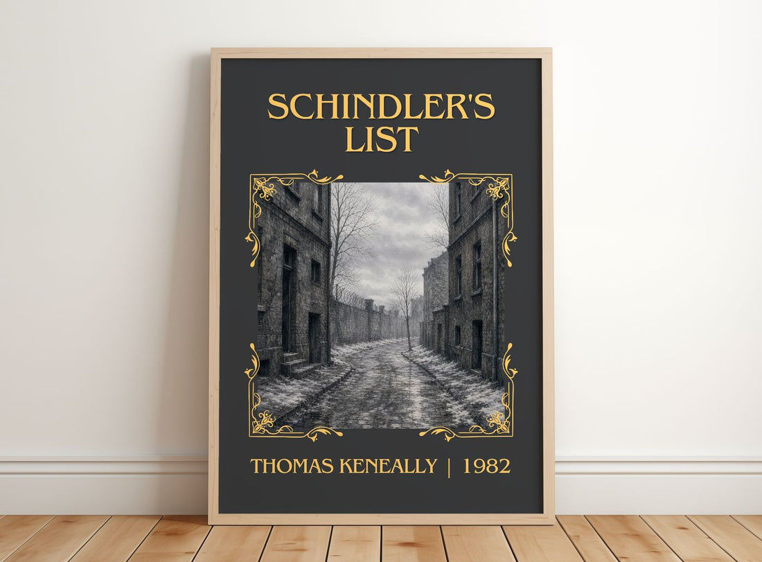 Schindler's List Classic Book Art Print by Thomas Keneally – framed print leaning on a wooden floor