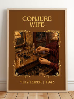 Conjure Wife Classic Book Art Print by Fritz Leiber – framed print leaning on a wooden floor