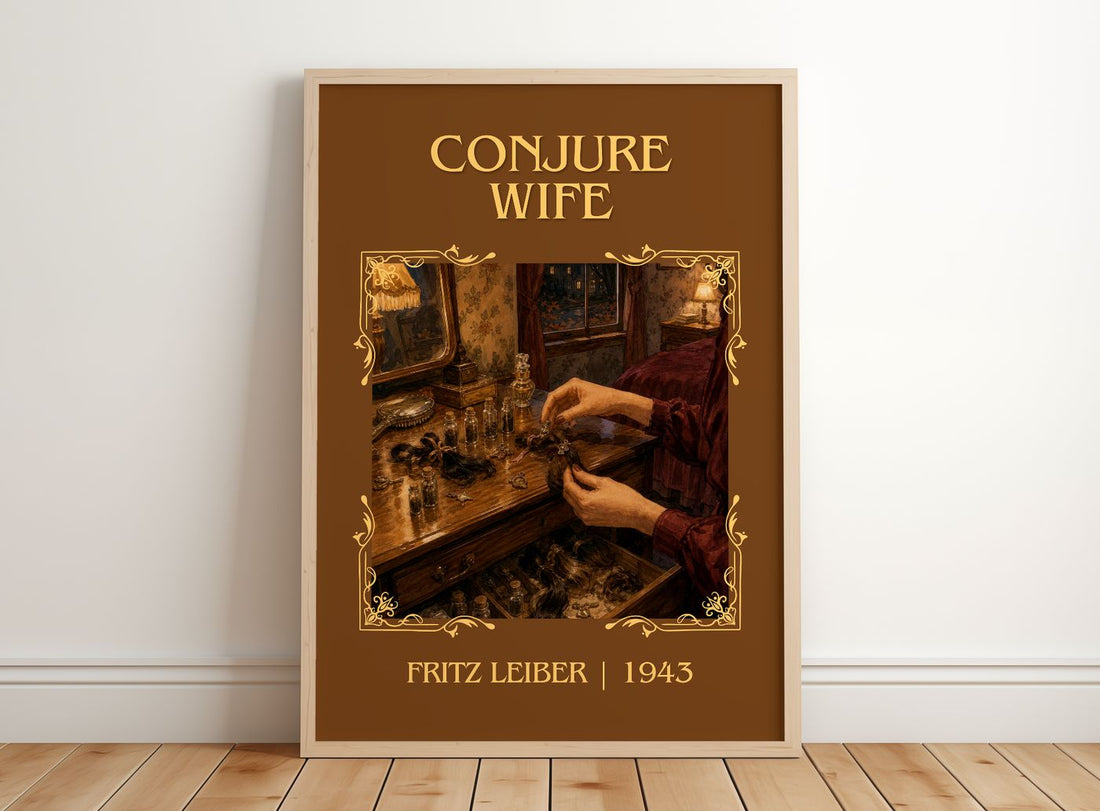 Conjure Wife Classic Book Art Print by Fritz Leiber – framed print leaning on a wooden floor