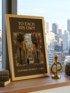To Each His Own Classic Book Art Print by Leonardo Sciascia – framed print on a city-view windowsill