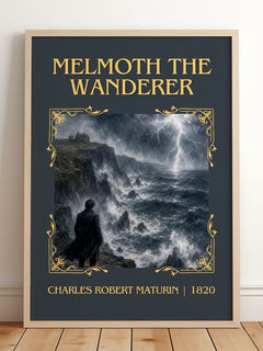Melmoth the Wanderer Classic Book Art Print by Charles Robert Maturin – framed print leaning on a wooden floor