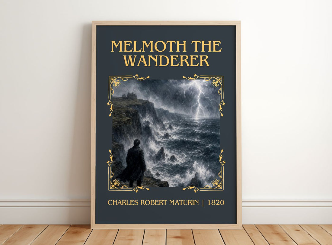 Melmoth the Wanderer Classic Book Art Print by Charles Robert Maturin – framed print leaning on a wooden floor