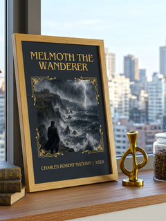 Melmoth the Wanderer Classic Book Art Print by Charles Robert Maturin – framed print on a city-view windowsill