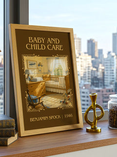 Baby And Child Care Classic Book Art Print by Benjamin Spock – framed print on a city-view windowsill