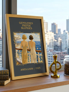 Gentlemen Prefer Blondes Classic Book Art Print by Anita Loos – framed print on a city-view windowsill