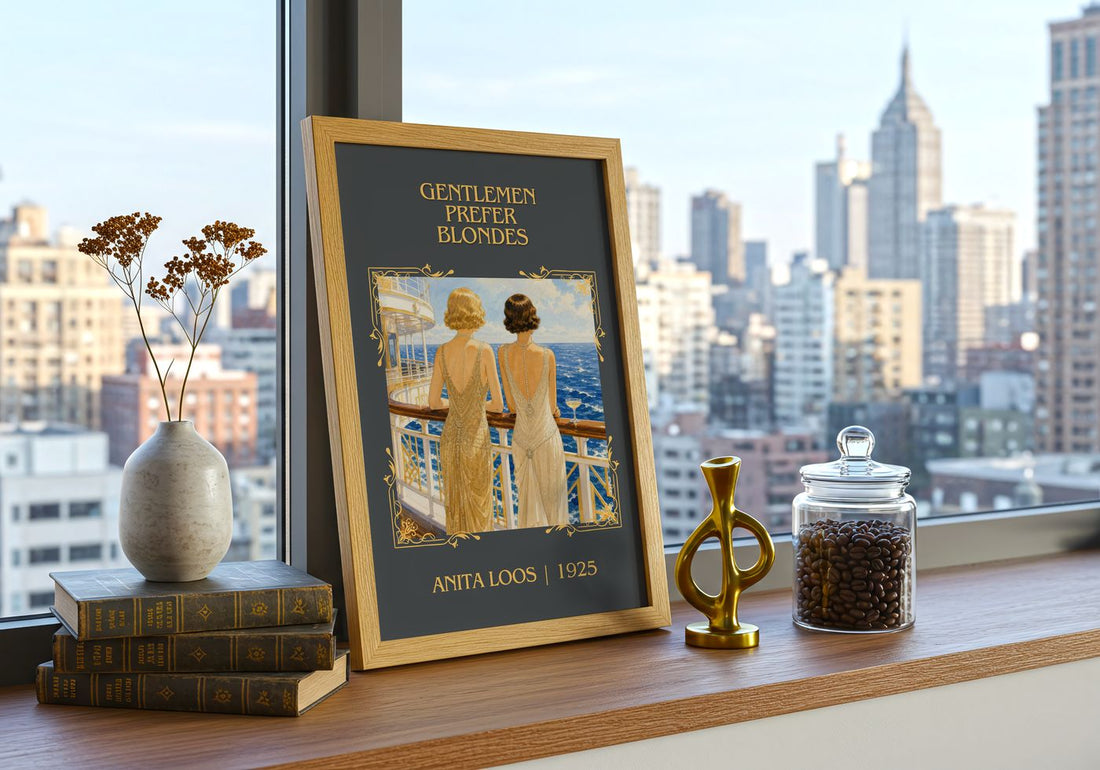Gentlemen Prefer Blondes Classic Book Art Print by Anita Loos – framed print on a city-view windowsill