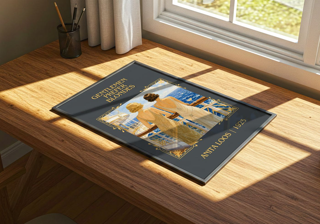 Gentlemen Prefer Blondes Classic Book Art Print by Anita Loos – print on a sunlit desk