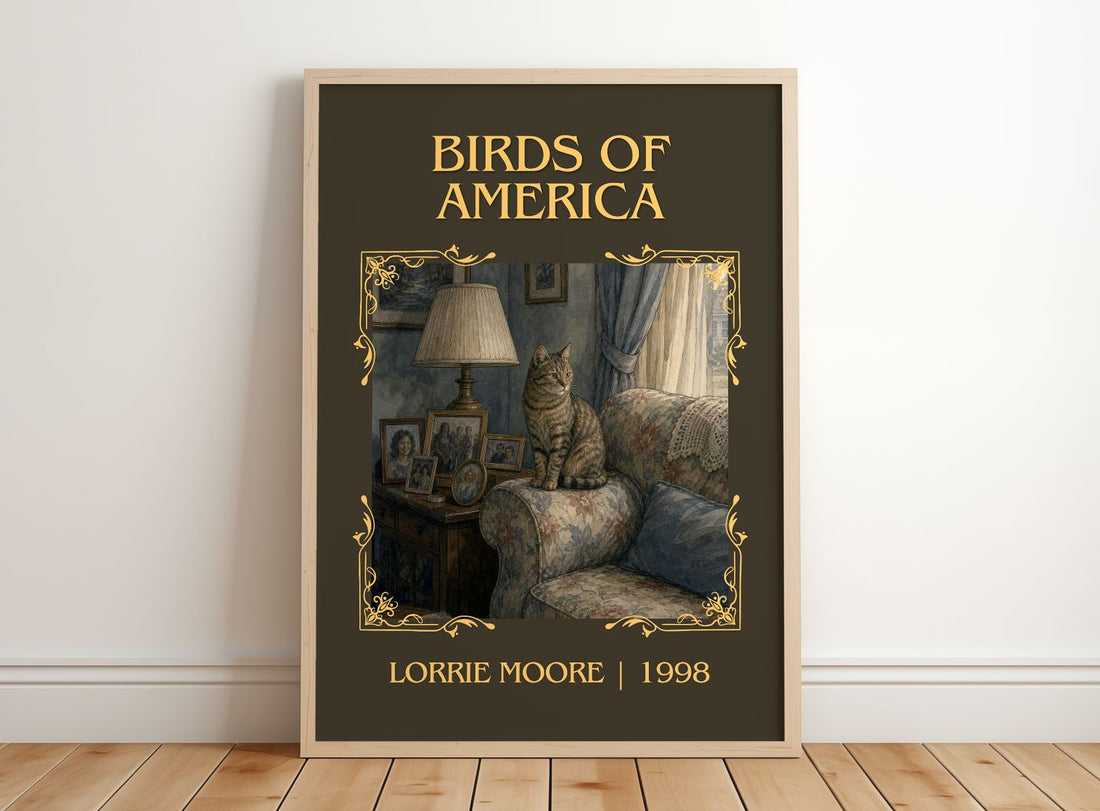 Birds of America Classic Book Art Print by Lorrie Moore – framed print leaning on a wooden floor